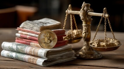 Vintage Balance Scale with Stack of Banknotes and Bitcoin Coin