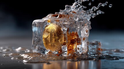 Bitcoin Embedded in Ice Cube Melting with Splash in Close-Up View