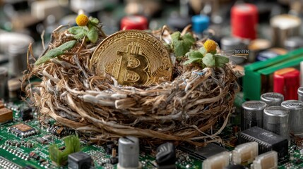 Golden Coin Nestled in a Computer Motherboard Environment