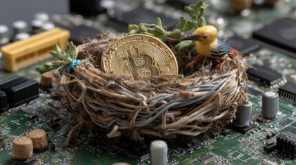 Bitcoin Nest on Circuit Board with Bird and Natural Elements