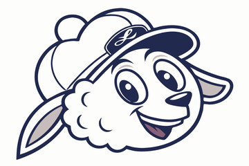Cartoon sheep smiles broadly, wearing a baseball cap featuring the letter L