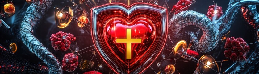 Heart Shield with Cross and Scientific Elements in Digital Design