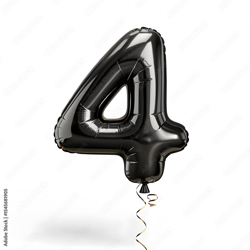 Fototapete a balloon shaped like the number 4,matte black metallic finish with realistic reflections and smooth