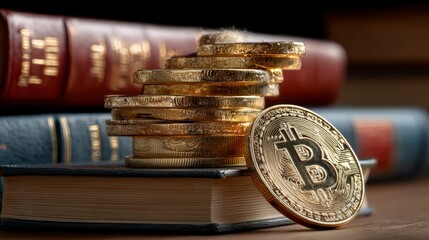 Bitcoin Coins Resting on Top of a Stack of Vintage Leather Books