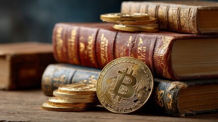 Bitcoin Coin Placed on Top of Stack of Vintage Books on Table