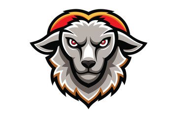 Intensely focused gray goat face gazes forward with fierce red eyes and determined expression