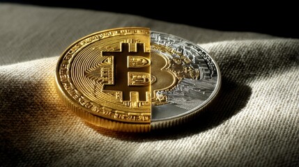 Half Gold and Half Silver Bitcoin Coin with Dramatic Lighting Effects