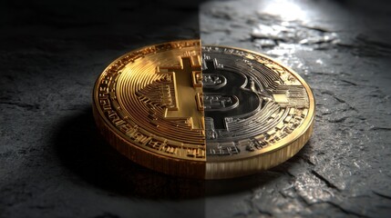 Bitcoin Coin with Artistic Split Lighting Showcasing Gold and Dark Side