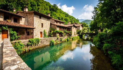 Fototapeta premium Clean water spring surrounded by rustic stone houses and lush nature