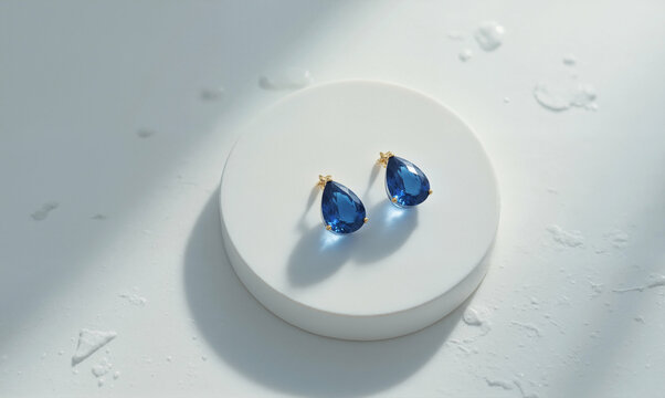 A pair of captivating teardrop-shaped blue gemstone earrings with subtle gold accents, artfully displayed on a pristine white circular stand amidst delicate water droplets, conveying freshness