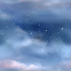 Fototapeta premium Seamless pattern of a celestial illustration featuring a clear cloudless night sky with twinkling stars rendered in deep blue tones