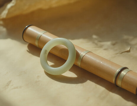 A polished, light green jade bangle bracelet rests gracefully, with blurred rustic fabric and a rolled mat in the background. This image conveys traditional elegance and natural, earthy charm.
