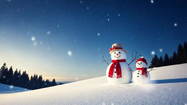 Festive Nighttime Snowman Scene on a Snowy Hill Under Starry Sky
