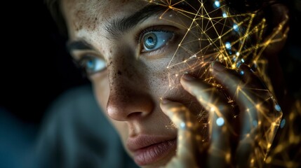 Reflection of Blockchain Connection with a Person's Face and Eye