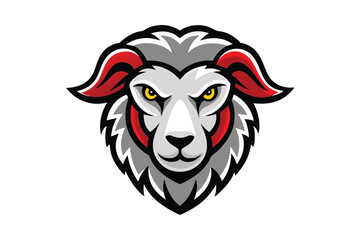 Fototapeta premium Majestic ram with piercing yellow eyes features grey wool and striking red accents