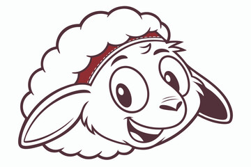 Happy sheep cartoon character with red headband smiles broadly on a white backdrop