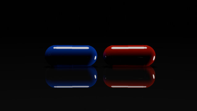 A red pill and a blue pill on a reflective black surface, symbolizing choice. - Powered by Adobe