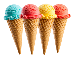 “Floating Colorful Ice Cream Cones with Dynamic Shadows, Transparent PNG”