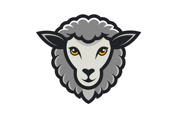 Detailed sheep head showcases a gray and white fleece with striking yellow eyes