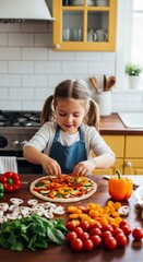 Adorable Little Girl Making Delicious Homemade Veggie Pizza in a Bright Kitchen