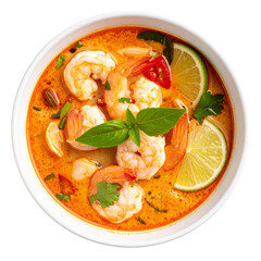 Top view of Tom Yum Goong in bowl isolated on transparent background, object, cut out