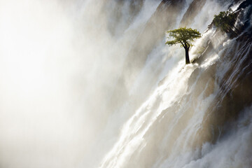 A tree stands against the torrents of water cascading over Ruacana Falls, Namibia.