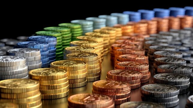 Vibrant Spectrum of Coins Displayed in Multiple Rows on Dark Background