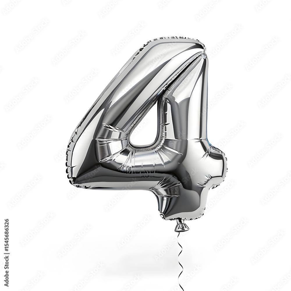 Fototapete a balloon shaped like the number 4 ,silver metallic finish with realistic reflections and smooth tex