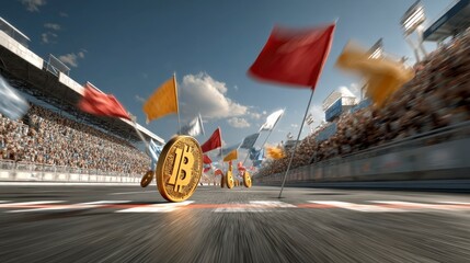 Bitcoin Coin at the Finish Line of a Race Track in Motion