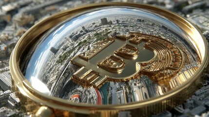 Close-up of Bitcoin Reflecting Cityscape in Magnifying Glass