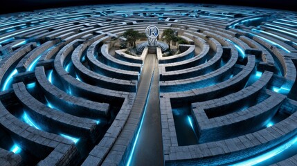 Aerial View of a Labyrinth with Bitcoin Symbol and Illuminated Pathways