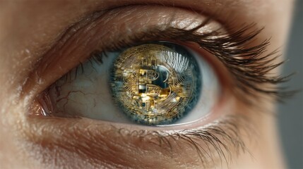 Naklejka premium Close-Up View of Eye Reflecting Bitcoin and Digital Currency Concepts