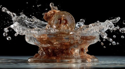 Bitcoin Coin Splashing in Water, Captured Moment of Dipping
