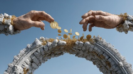 Hands Creating Archway with Coins of Digital Currency Falling Down