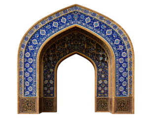 Ornate Arabic Arch with Blue Mosaic Tiles and Golden Frame, Front View, Transparent Background