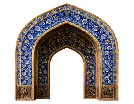 Ornate Arabic Arch with Blue Mosaic Tiles and Golden Frame, Front View, Transparent Background