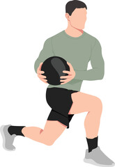 A muscular man does lunges with a ball