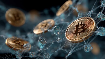 Close-Up of Bitcoin Coins in a Spider Web Design Concept
