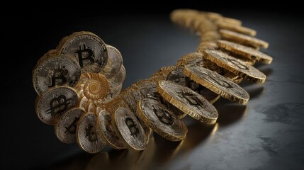 Spiraling Arrangement of Bitcoins in an Artistic Display