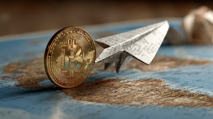 Paper Airplane and Bitcoin on a Map Conceptual Imagery