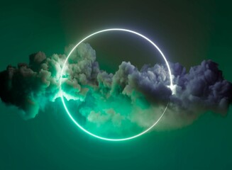 Neon circle in emerald green cloudscape