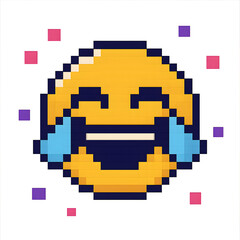 8‑bit pixel art of a laughing emoji with pixelated tears and confetti on transparent background, ideal for social media graphics.