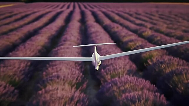 Glider soars over lavender fields in a blur of motion, back view