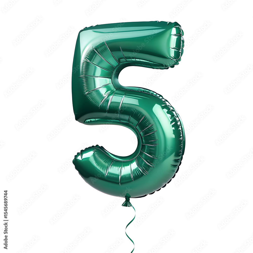 Fototapete a balloon shaped like the number 5,emerald green metallic finish with realistic reflections and smoo