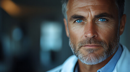 Close-up of doctor’s face with calm expression, clear skin tones and sharp lighting 