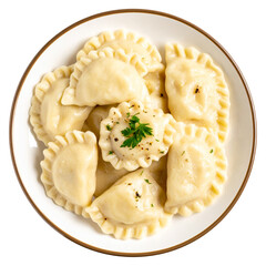 Top view of Pierogi, Poland in plate isolated on transparent background, object, cut out