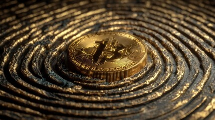 Close-Up of a Fingerprint Pattern with Bitcoin Symbol on Gold Surface
