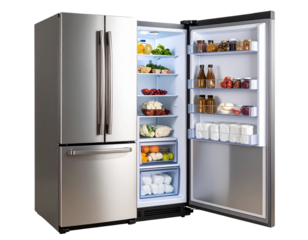 Side View of a Stainless Steel French Door Refrigerator with Bottom Freezer, Isolated on Transparent Background