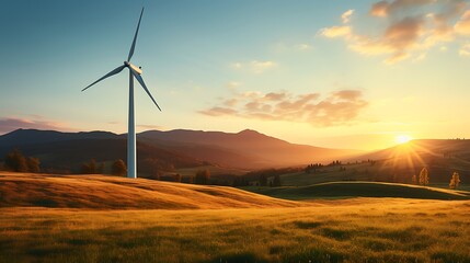 Obraz premium Scenic Landscape with Wind Turbine at Golden Sunset over Rolling Hills and Fields
