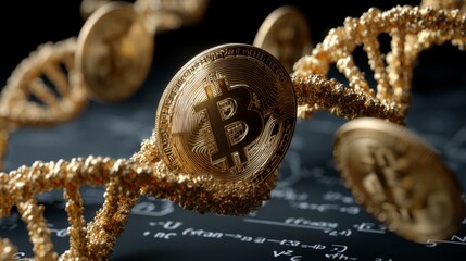 Bitcoin Coins Arranged in Double Helix Pattern with Mathematical Background